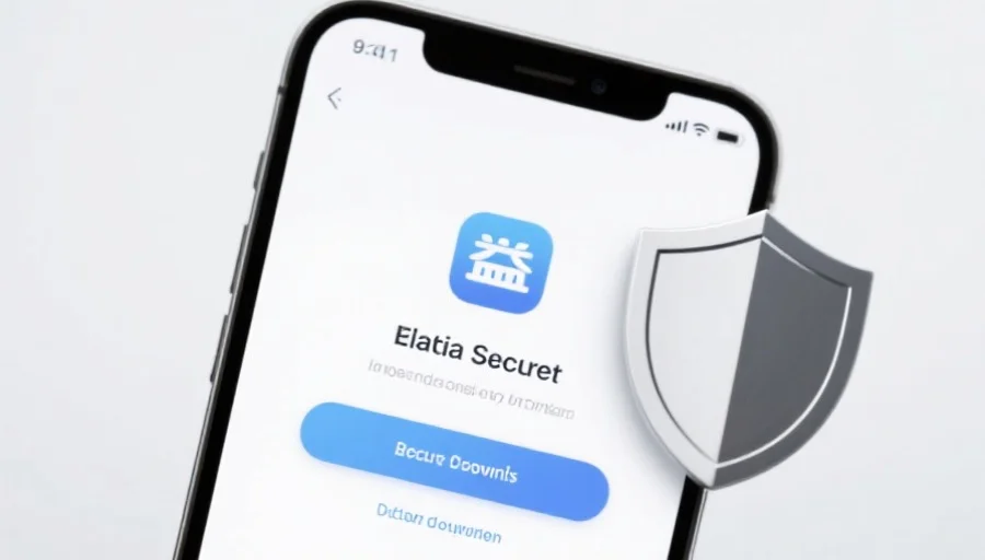 一部现代智能手机屏幕上显示天启应用的安全下载界面，旁边有安全盾牌图标，背景简洁