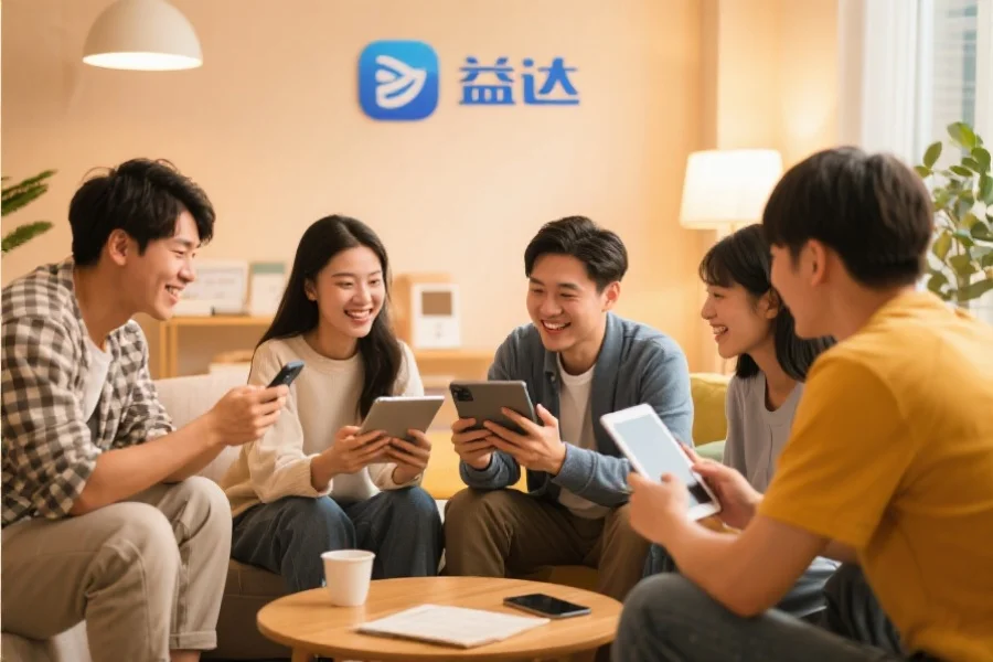 一群年轻用户围坐在一起，使用平板和手机愉快地交流，背景温馨现代，象征天启应用的社区活跃氛围